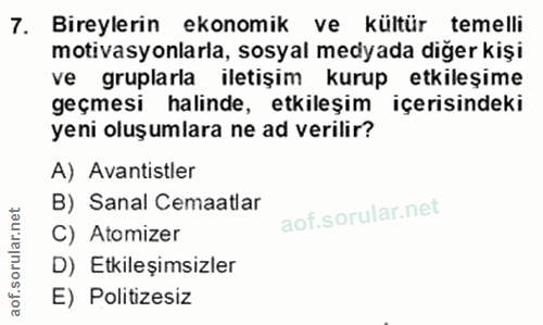 7. soru: Bireylerin ekonomik ve kültür temelli motivasyonlarla, sosyal medyada diğer kişi ve gruplarla iletişim kurup etkileși…