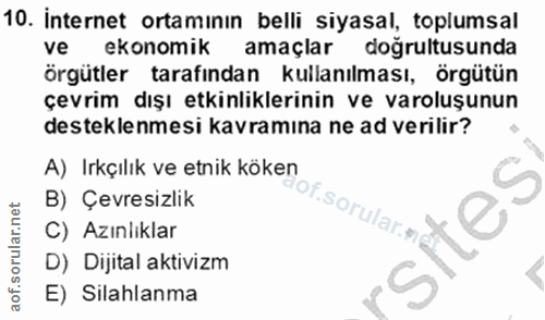 10. soru: Internet ortamının belli sıyasal, toplumsal ve ekonomik amaçlar doğrultusunda örgütler tarafından kullanılması, örgüt…