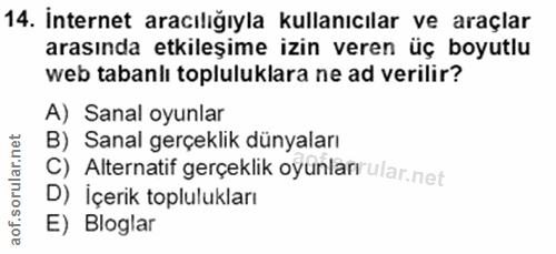 14. soru: İnternet aracılığıyla kullanıcılar ve araçlar arasında etkileşime izin veren üç boyutlu web tabanlı topluluklara ne a…