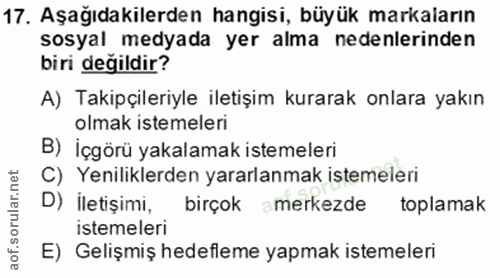 17. soru: Aşağıdakilerden hangisi, büyük markaların sosyal medyada yer alma nedenlerinden biri degildir? A) Takipçileriyle ilet…