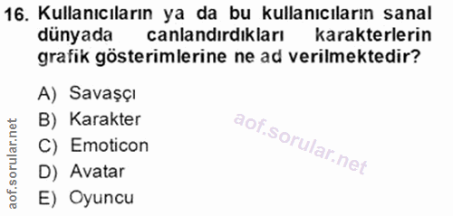 16. soru: Kullanıcıların ya da bu kullanıcıların sanal dünyada canlandırdıkları karakterlerin grafik gösterimlerine ne ad veril…