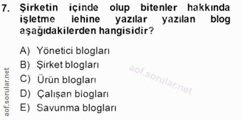 7. soru: Şirketin içinde olup bitenler hakkında işletme lehine yazılar yazılan blog aşağıdakilerden hangisidir? A) Yönetici bl…