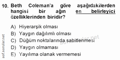 10. soru: Beth Coleman'a göre aşağıdakilerden hangisi bir ağın en belirleyici özelliklerinden biridir? A) Hiyerarşik olması B)…