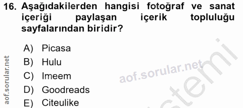 16. soru: Aşağıdakilerden hangisi fotoğraf ve sanat içeriği paylaşan içerik topluluğu sayfalarından biridir? A) Picasa B) Hulu…