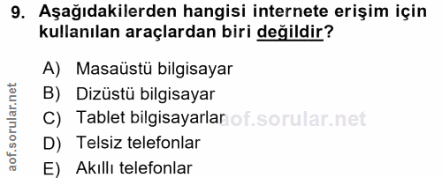 9. soru: Aşağıdakilerden hangisi internete erişim için kullanılan araçlardan biri değildir? A) Masaüstü bilgisayar B) Dizüstü…