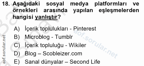 18. soru: Aşağıdaki sosyal medya platformları ve örnekleri arasında yapılan eşleşmelerden hangisi yanlıştır? A) Içerik topluluk…