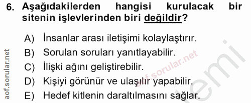 6. soru: Aşağıdakilerden/ hangisı kurulacak bir sitenin işlevlerinden biri değildir? A) Insanlar arası iletişimi kolaylaştırır…