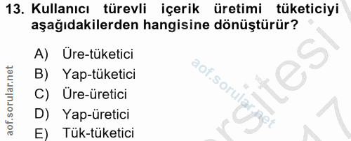 13. soru: Kullanıcı türevli içerik üretimi tüketiciyi aşağıdakilerden hangisine dönüştürür? A) Ure-tüketici Yap-tüketici C) Üre…