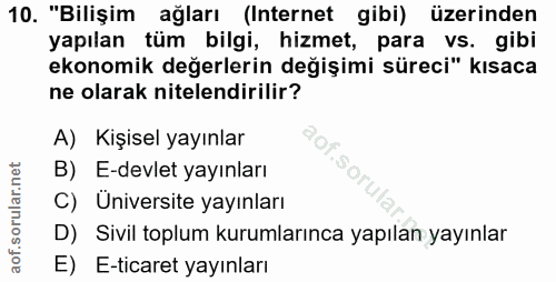 10. soru: "Bilişim ağları (Internet gibi) üzerinden yapılan tüm bilgi, hizmet, para vs. gibi ekonomik değerlerin değişimi sürec…