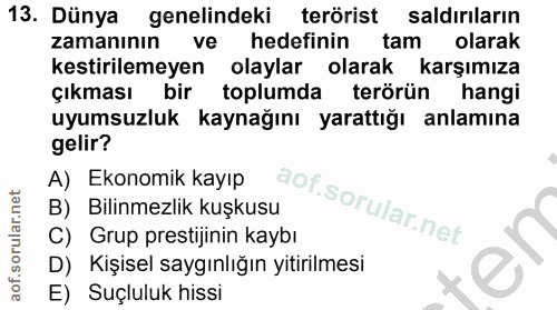 13. soru: Dünya genelindeki terörist saldiriların zamanının ve hedefinin tam olarak kestirilemeyen olaylar olarak karşımıza çık…