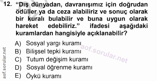 12. soru: "Dış dünyadan, davranışımız için doğrudan ödüller ya da ceza alabiliriz ve sonuç olarak bir kuralı bulabilir ve buna…