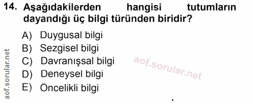 14. soru: Aşağıdakilerden hangisi tutumların dayandığı üç bilgi türünden biridir? A) Duygusal bilgi B) Sezgisel bilgi C) Davran…