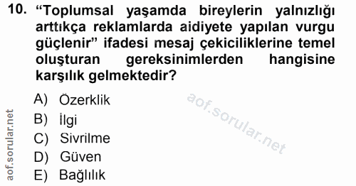 10. soru: "Toplumsal yaşamda bireylerin yalnızlığı arttıkça reklamlarda aidiyete yapılan vurgu güçlenir" ifadesi mesaj çekicili…