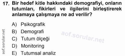17. soru: Bir hedef kitle hakkındaki demografiyi, onların tutumları, fikirleri ve ilgilerini birleştirerek anlamaya çalışmaya n…