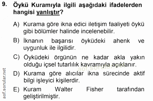 9. soru: Öykü Kuramıyla ilgili aşağıdaki ifadelerden hangisi yanlıştır? A) Kurama göre ikna edici iletişim taaliyeti öykü gibi…