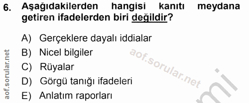 6. soru: Aşagıdakilerden hangisı kanıtı meydana getiren ifadelerden biri değildir? A) Gerçeklere dayalı iddialar B) Nicel bilg…