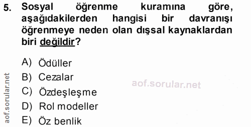 5. soru: Sosyal öğrenme kuramına göre, aşağıdakilerden hangisi bir davranışı öğrenmeye neden olan dışsal kaynaklardan biri değ…