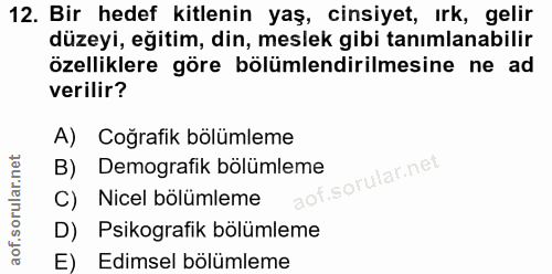 12. soru: Bir hedef kitlenin yaş, cinsiyet, ırk, gelir düzeyi, eğitim, din, meslek gibi tanımlanabilir özelliklere göre bölümle…