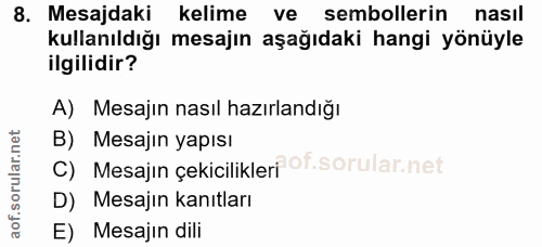 8. soru: Mesajdaki kelime ve sembollerin nasıl kullanıldığı mesajın aşağıdaki hangi yönüyle ilgilidir? A) Mesajın nasıl hazırl…