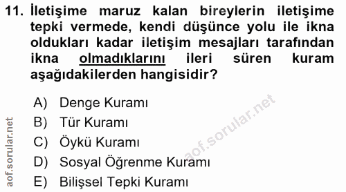 11. soru: İletişime maruz kalan bireylerin iletişime tepki vermede, kendi düşünce yolu ile ikna oldukları kadar iletişim mesajl…