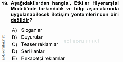 19. soru: Aşağıdakilerden hangisi, Etkiler Hiyerarşisi Modeli'nde farkındalık ve bilgi aşamalarında uygulanabilecek iletişim yö…
