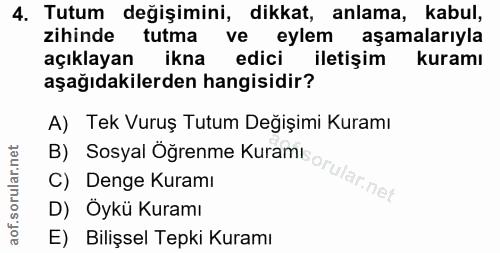 4. soru: Tutum değişimini, dikkat, anlama, kabul, zihinde tutma ve eylem aşamalarıyla açıklayan ikna edici iletişim kuramı aşa…