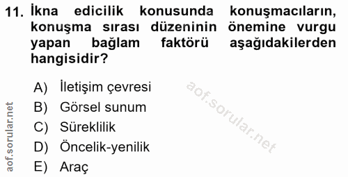 11. soru: Ikna edicilik konusunda konuşmacıların, konuşma sırası düzeninin önemine vurgu yapan bağlam faktörü aşağıdakilerden h…