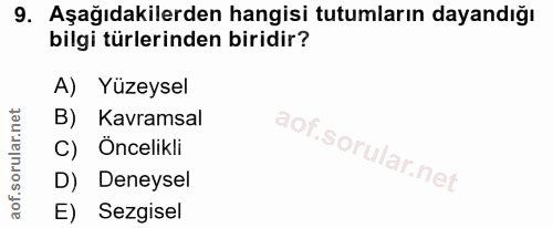 9. soru: Aşağıdakilerden hangisi tutumların dayandığı bilgi türlerinden biridir? A) Yüzeysel B) Kavramsal C) Öncelikli D) Dene…