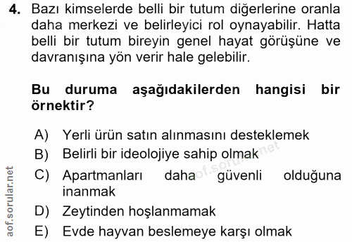 4. soru: Bazı kimselerde belli bir tutum diğerlerine oranla daha merkezi ve belirleyici rol oynayabilir. Hatta belli bir tutum…
