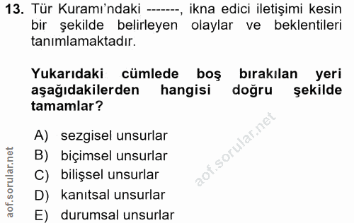 13. soru: Tür Kuramı'ndaki --, ikna edici iletişimi kesin bir şekilde belirleyen olaylar ve beklentileri tanımlamaktadır. Yukar…