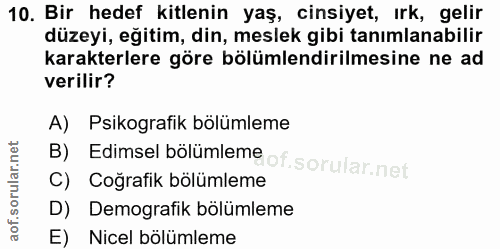 10. soru: Bir hedef kitlenin yaş, cinsiyet, ırk, gelir düzeyi, eğitim, din, meslek gibi tanımlanabilir karakterlere göre bölüml…