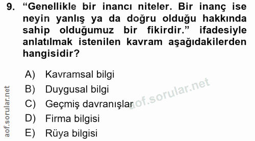 9. soru: "Genellikle bir inancı niteler. Bir inanç ise neyin yanlış ya da doğru olduğu hakkında sahip olduğumuz bir fikirdir."…