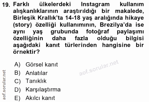 19. soru: Farklı ülkelerdeki Instagram kullanım alışkanlıklarının araştırıldığı bir makalede, Birleşik Krallık'ta 14-18 yaş ara…