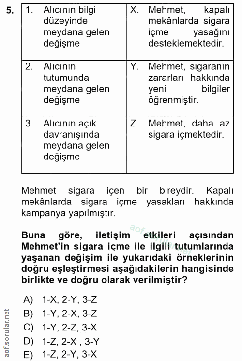 5. soru: Alıcının bilgi X. Mehmet, kapalı düzeyinde mekânlarda sigara meydana gelen içme yasağını değişme desteklemektedir. 2.…