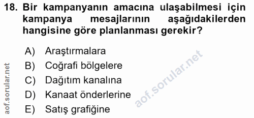 18. soru: Bir kampanyanın amacına ulaşabilmesi için kampanya mesajlarının aşağıdakilerden hangisine göre planlanması gerekir? A…