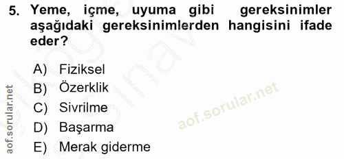 5. soru: Yeme, içme, uyuma gibi gereksinimler aşağıdaki gereksinimlerden , hangisini ifade eder? A) Fiziksel B) Özerklik C) Si…