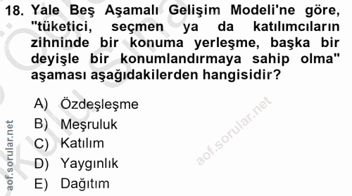 18. soru: Yale Beş Aşamalı Gelişim Modeli'ne göre, "tüketici, seçmen ya da katılımcıların zihninde bir konuma yerleşme, başka b…