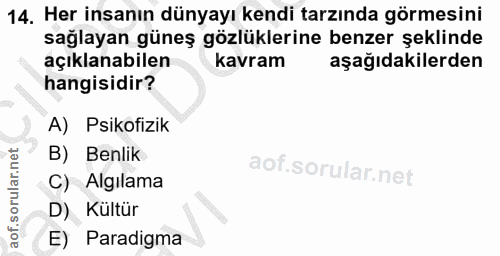 14. soru: Her insanın dünyayı kendi tarzında görmesini sağlayan güneş gözlüklerine benzer şeklinde açıklanabilen kavram aşağıda…