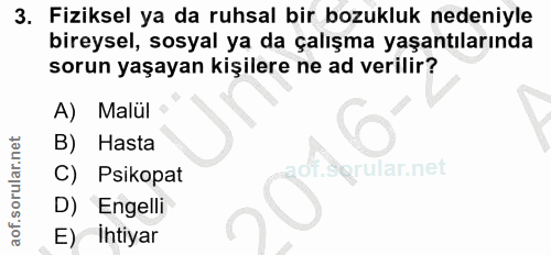 3. soru: Fiziksel ya da ruhsal bir bozukluk nedeniyle bireysel, sosyal ya da çalışma yaşantılarında sorun yaşayan kişilere ne…