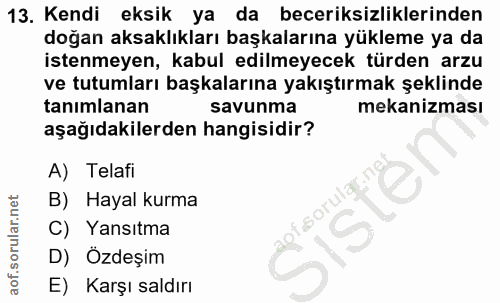 13. soru: Kendi eksik ya da beceriksizliklerinden doğan aksaklıkları başkalarına yükleme ya da istenmeyen, kabul edilmeyecek tü…