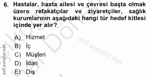6. soru: Hastalar, hasta ailesi ve çevresi başta olmak üzere refakatçılar ve ziyaretçiler, sağlık kurumlarının aşağıdaki hangi…