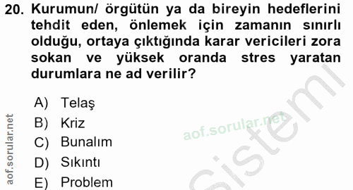 20. soru: Kurumun/ örgütün ya da bireyin hedeflerini tehdit eden, önlemek için zamanın sınırlı olduğu, ortaya çıktığında karar…