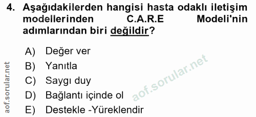 4. soru: Aşağıdakilerden hangisi hasta odaklı iletişim modellerinden C.A.R.E Modeli'nin adımlarından biri değildir? A) Değer v…