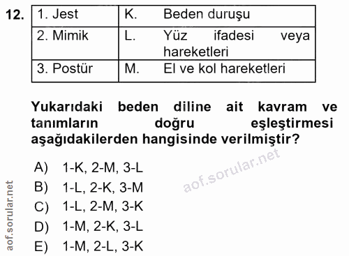 12. soru: 1. Jest K. Beden duruşu 2. Mimik L. Yüz ifadesi veya hareketleri 3. Postür M. El ve kol hareketleri Yukarıdaki beden…