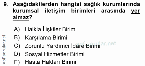9. soru: Aşağıdakilerden hangisi sağlık kurumlarında kurumsal iletişim birimleri arasında yer almaz? A) Halkla İlişkiler Birim…