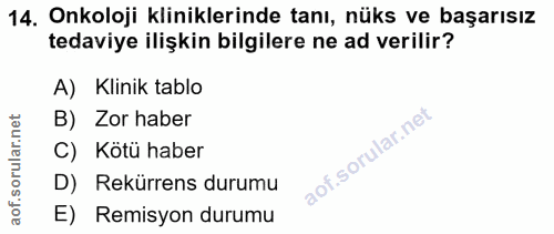 14. soru: Onkoloji kliniklerinde tanı, nüks ve başarısız tedaviye ilişkin bilgilere ne ad verilir? A) Klinik tablo B) Zor haber…