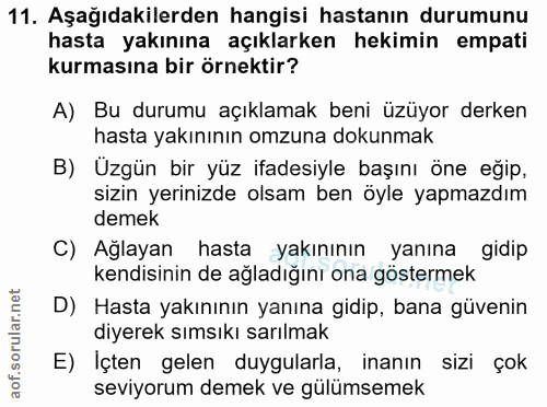 11. soru: Aşağıdakilerden hangisi hastanın durumunu hasta yakınına açıklarken hekimin empati kurmasına bir örnektir? A) Bu duru…