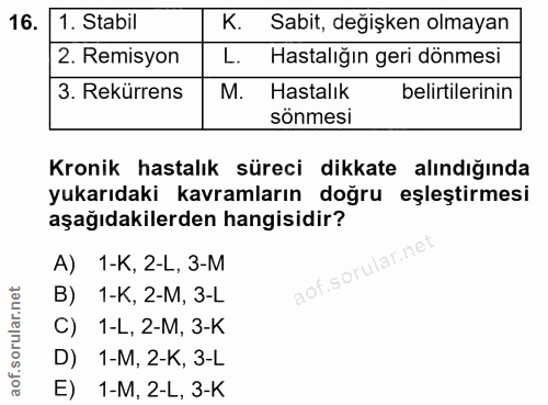 16. soru: 1. Stabil K. Sabit, değişken olmayan 2. Remisyon L. Hastalığın geri dönmesi 3. Rekürrens M. Hastalık belirtilerinin s…