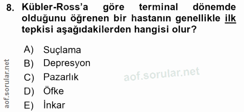 8. soru: Kübler-Ross'a göre terminal dönemde olduğunu öğrenen bir hastanın genellikle ilk tepkisi aşağıdakilerden hangisi olur…