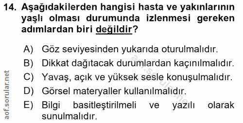14. soru: Aşağıdakilerden hangisi hasta ve yakınlarının yaşlı olması durumunda izlenmesi gereken adımlardan biri değildir? A) G…